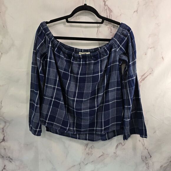 Cloth Stone Shirt Women Small Navy Blue Off Shoulder Check Plaid Slit Picnic - Picture 2 of 14